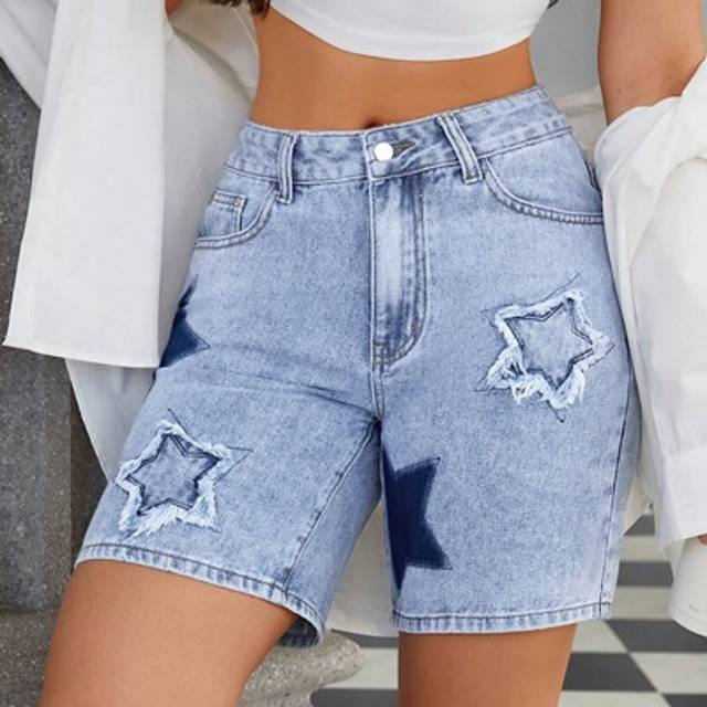Trendiga broderade stjärnshorts för tvättad denim för kvinnor - Ljustvätt (26,27,28,30,32)