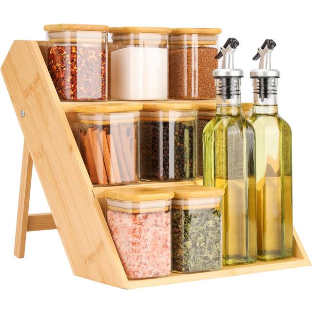 3-Tier Spice Rack With 8 Glass Jars & 2 Oil Dispenser Bottles - Wooden Free Standing Spice Jar Storage Organiser For Kitchen Herbs/Seasonings (26cm H X 27.5cm W X 25cm D)