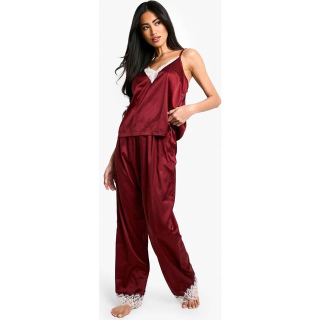 Womens Contrast Lace Trim Cami Top & Trouser Pyjama Set - Red - 16, Red