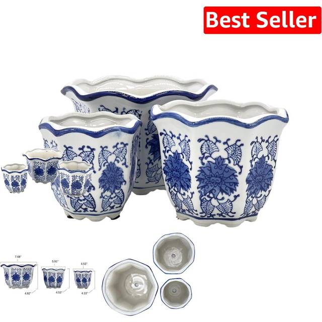 Galt International Blue  White Floral Porcelain Ceramic Decorative Flower Pot 8645 Garden Pots Chinese Asian Design