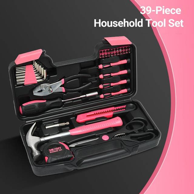 39Pcs Essential Household Tools Kit with Plastic Toolbox Hand Tool Set Portable and Lightweight 39 Pcs pink