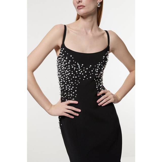 Pearl And Diamante Embellished Tailored Pencil Dress - Black