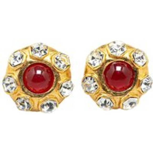 Womens Preloved Red Crystal Flower Earrings Clipon Wo - Gold - Metallics - One Size