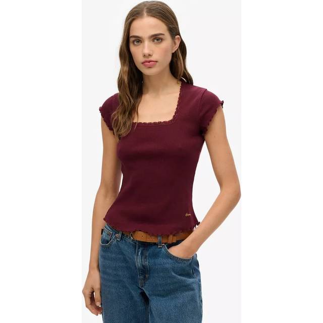 Superdry Essential Square Neck Short Sleeve T-Shirt - Red, Red, Size 8, Women
