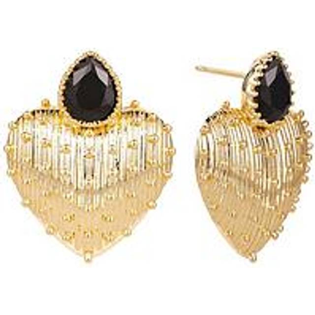 V by Very Gold Plated Oversized Bobble Heart With Black Stone Stud Earrings, Gold, Women