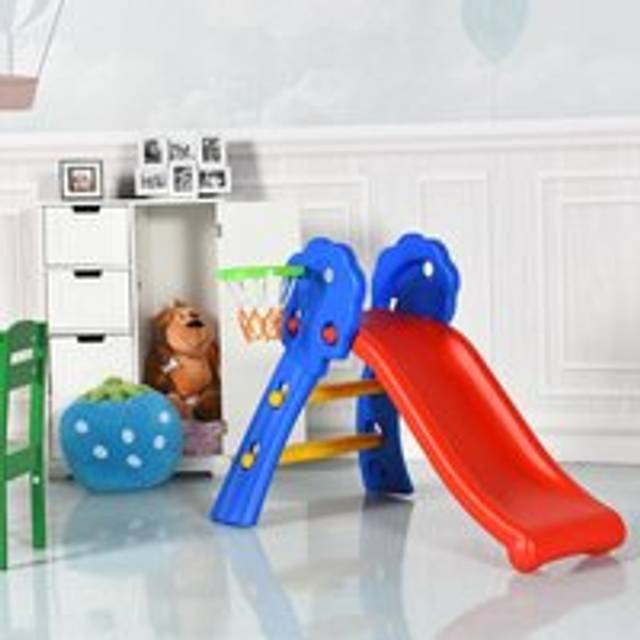 3 in 1 Folding Children Slide Freestanding w/ Basketball Hoop Garden Playground