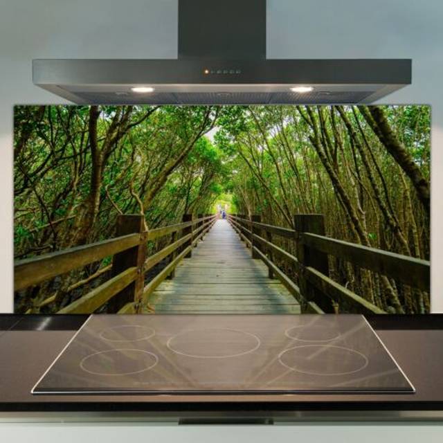Glass kitchen splashback tile cooker panel 100x50 wooden bridge forest trees