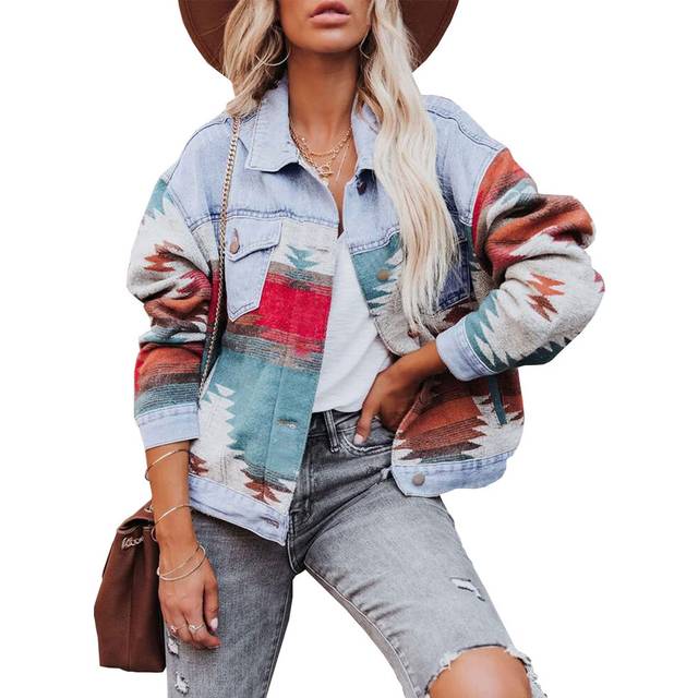 COWOKA Women's Vintage Aztec Print Pattern Loose Shacket Button Down Long Sleeve Woolen Jacket Shirts Coat Light Blue  Small