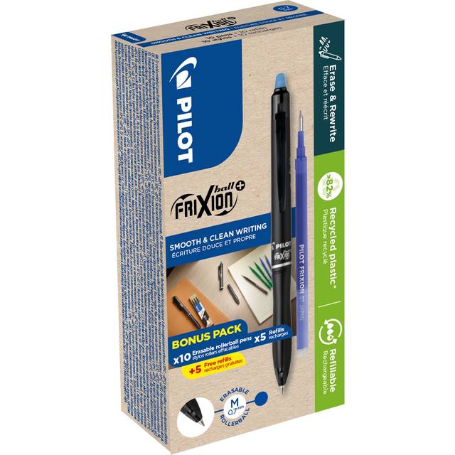 Pilot FriXion Ball Plus Rollerball Pen Black 0.4 mm Medium Rollerball 82% Recycled Pack of 10 + 10 Refills