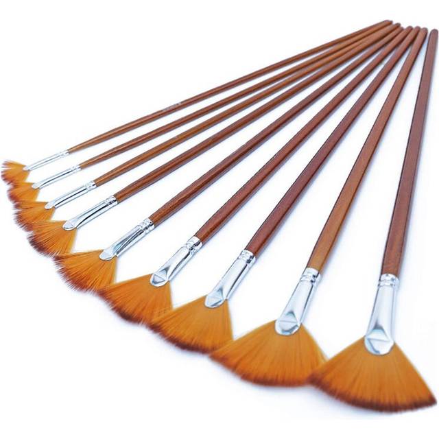 9Pcs Fan Artist Paint Brushes Anti Shedding Nylon Hair Wood Long Handle Artists Brushes