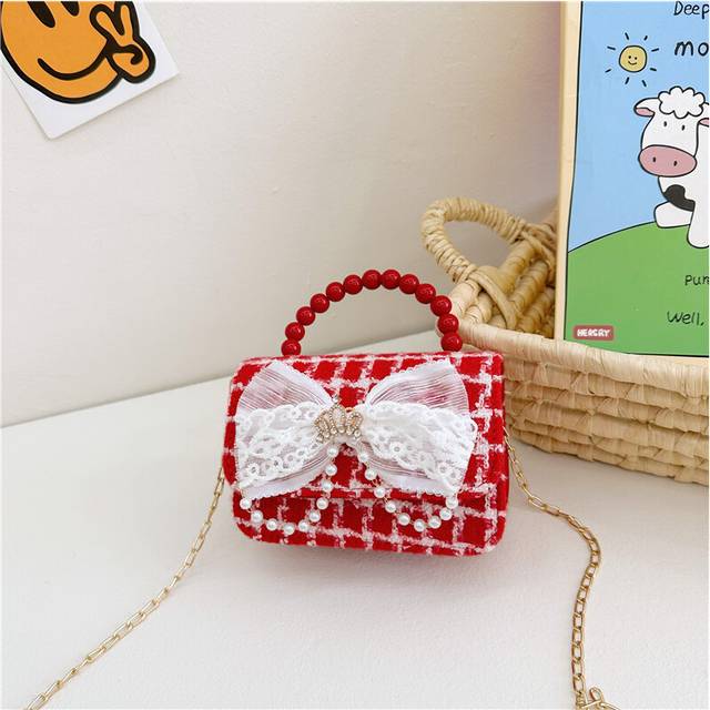 (Red Check) And Cute Stylish Bowknot Coin Purse For Girls Fashionable Pearl Handbag With Chic Chain Strap