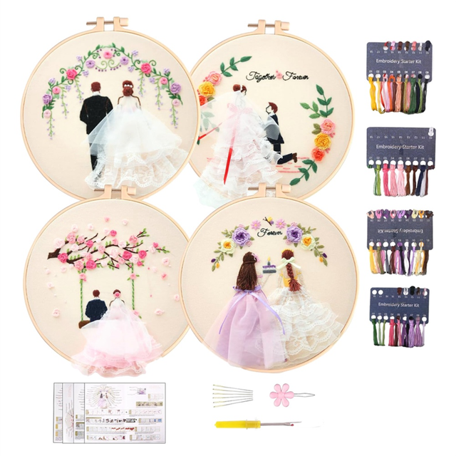 4Pack Embroidery Kits for Adults DIY Beginners Hand Kit with Patterns(Wedding)
