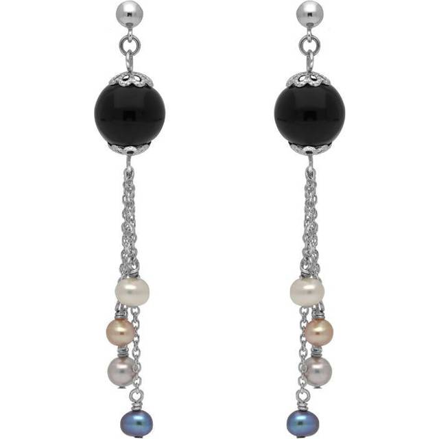 Sterling Silver Whitby Jet Pearl Beaded Tassel Drop Earrings - Silver