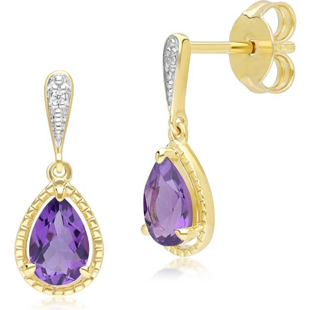 Classic Pear Amethyst & Diamond Drop Earrings In 9ct Yellow Gold