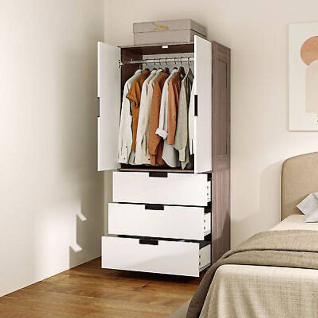 HOMCOM 2 Door Wardrobe, Modern Wardrobe with 3 Drawers and Hanging Rod for Bedroom, Brown