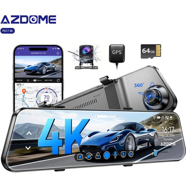 4K Car Dvr 2 Cameras Mirror Dash Cam AZDOME PG17 12 Inches with Rearview Camera GPS Night Vision Wi-Fi