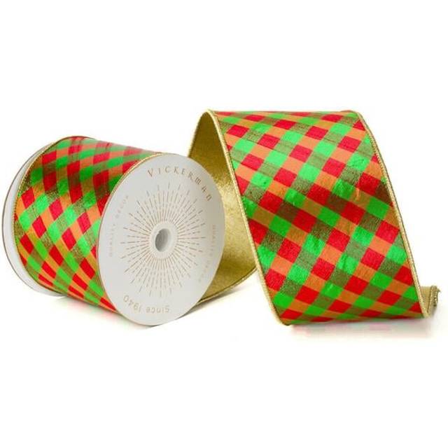 Vickerman QK240335 4 in. x 10 Yards Red Green Diagonal Check Gold Wired Ribbon