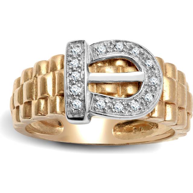 (P) Jewelco London Men&#39;s Solid 9ct Yellow Gold Pave Set Round H I1 0.15ct Diamond Belt Buckle Ring 11mm