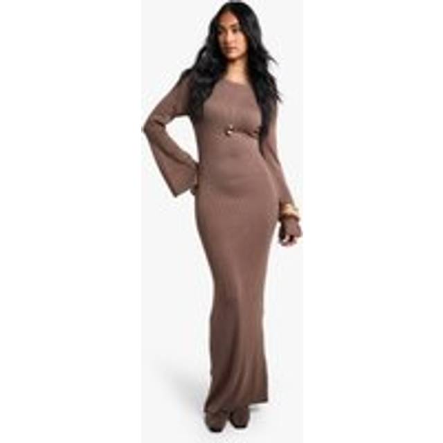 Womens Premium Rib Flare Sleeve Knitted Maxi Dress - Beige - L