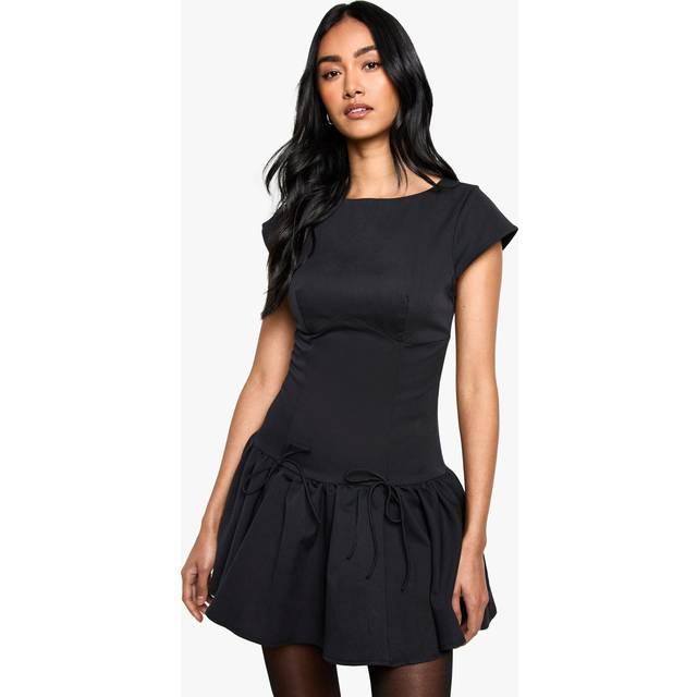 Womens Woven Cap Sleeve Mini Skater Dress - Black - 16