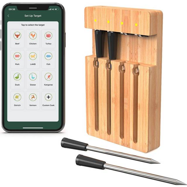 98FT Wireless Meat Thermometer BT Smart APP Control 4 Probes Meat Thermometer for Grilling and brown