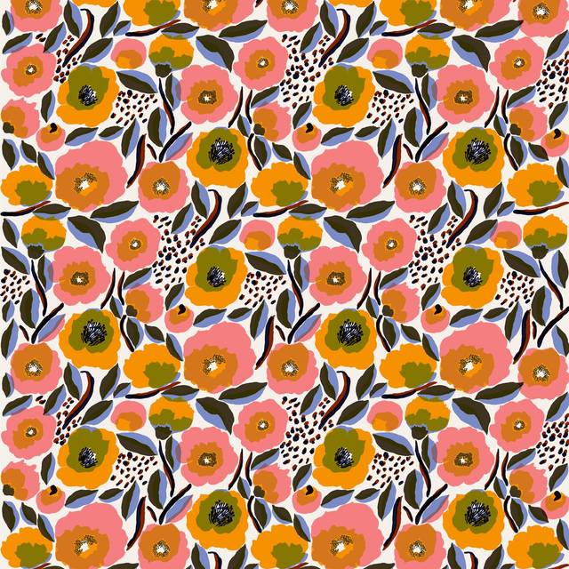 Marimekko Rosarium tyg vit-röd-gul-blå