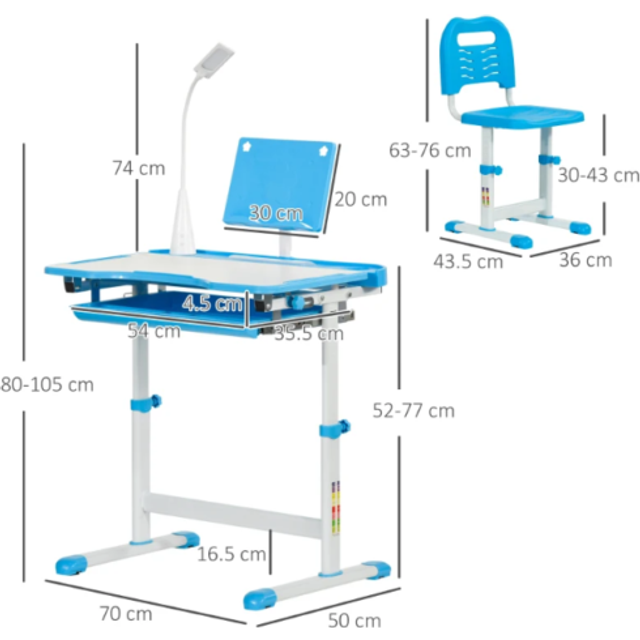 Homcom kids study desk and chair set w/ usb lamp, adjustable height, blue