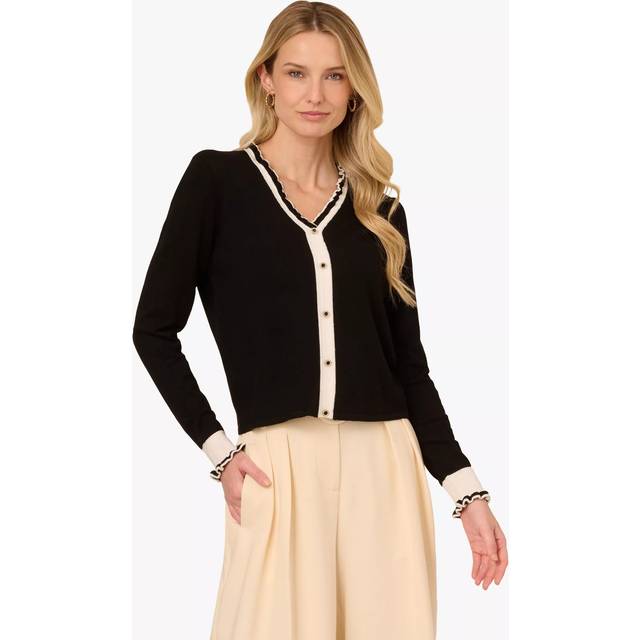 Contrast Ruffle Cardigan In Black Ivory - Black/Ivory - XL
