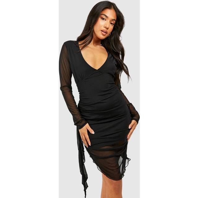Womens Petite Mesh Plunge Ruffle Front Mini Dress - Black - 8, Black