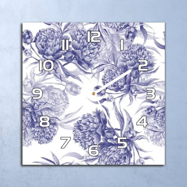 Glass clock 30x30 wall modern home living room silent peonies purple and white