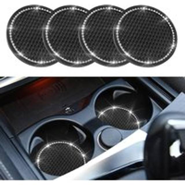 4Pcs Rhinestone Car Coasters Anti-Slip Silicone Cup Holder Mats for Car Interior Accessories (Black)