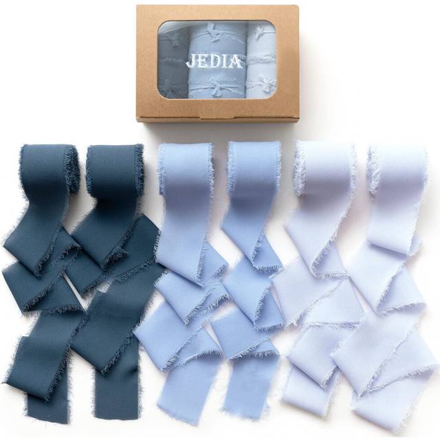 JEDIA chiffon Ribbon  6 Rolls Dusty Blue Handmade Fringe chiffon Silk Ribbons  15 x 7Yd Ribbon Set for gift Wrapping  Wedding Invitations  Bouquet Wra