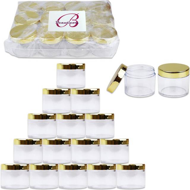 Beauticom 60 grams60 ML (2 Oz) Round clear Leak Proof Plastic container Jars with gold Lids for Travel Storage Makeup cosmetic Lotion Scrubs creams Oi