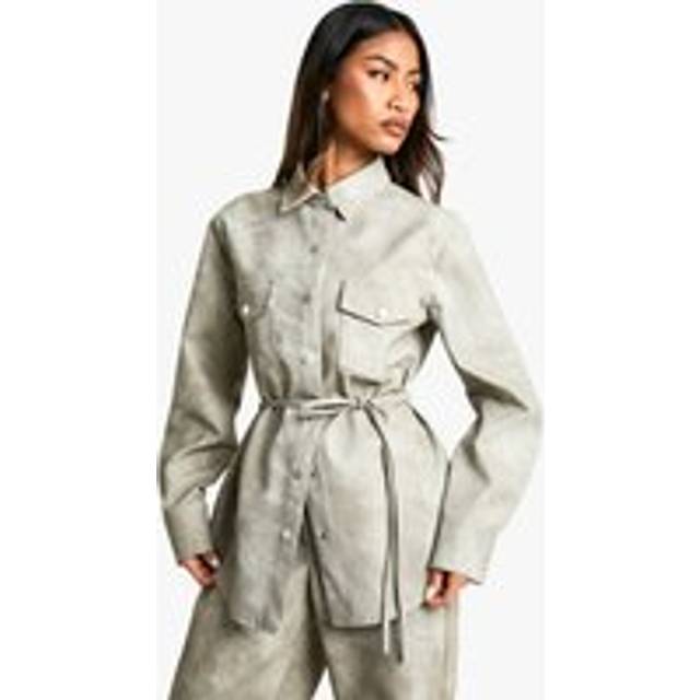Womens Washed Faux Leather Belted Shacket - Grey - 14