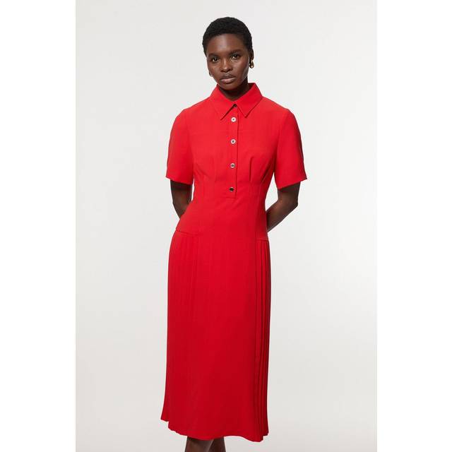 Tailored Crepe Pleated Panelled Shirt Dress - Red - 8