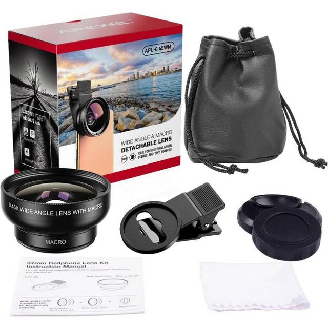APEXEL 2 In 1 Phone Camera Lens Kit 0.45x  Wide Angle & 12.5x  Macro Lens HD Camera Lentes for Iphone Ios Android Smartphones black