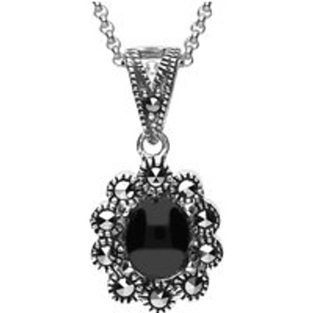 Sterling Silver Whitby Jet Marcasite Oval Beaded Edge Necklace