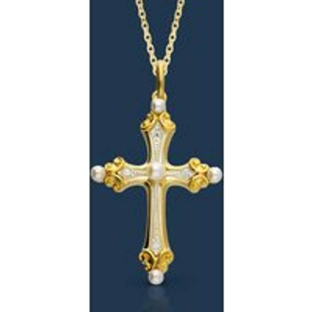 John Greed Signature Gold Plated CZ Pearl Vintage Cross Necklace For Women - gold