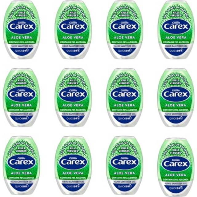 CAREX Aloe Vera Anti Bacterial Hand Sanitiser Gel Pack of 12, with Anti Viral Action Hand Gel and 70 Percent Alcohol that Cleans, Cares and Protects,