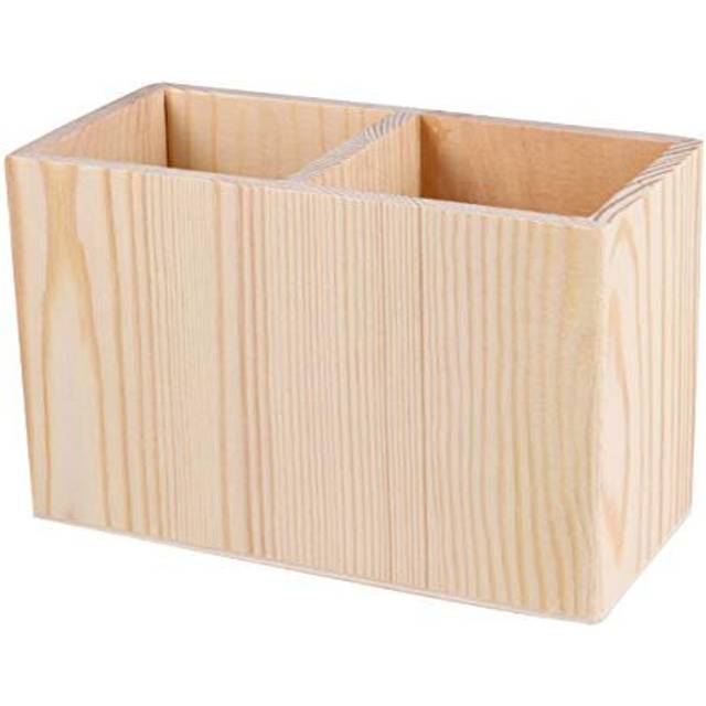 1 Pc Wooden Container Two Compartments Pen Holder Storage Solid Color Case Pot DIY Stationary Box Organizer for School Home Office