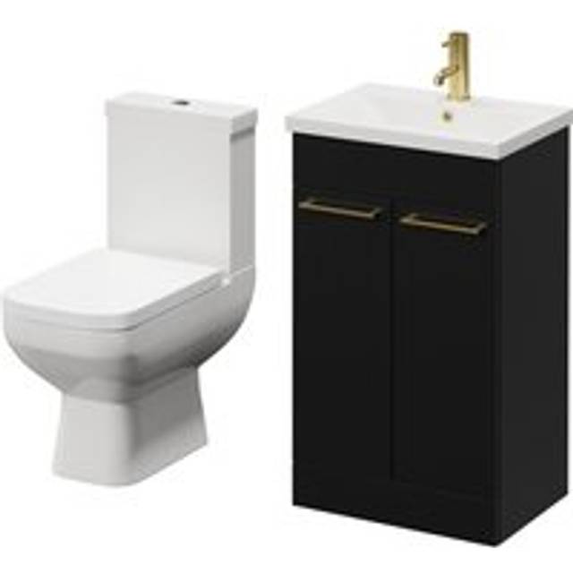 Wholesale Domestic Turin Floor Standing Vanity Unit and Toilet Suite with 1 Tap Hole Glide Basin and 2 Doors with Brushed Brass Handles | Matt Black | ABS Polished Chrome | 500mm