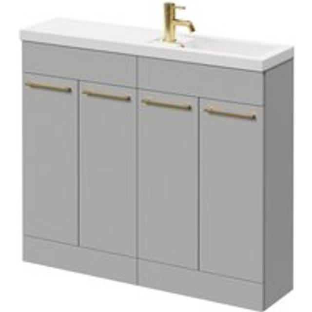 Napoli Combination Floor Standing Vanity Unit with Slimline 1 Tap Hole Basin and 4 Doors with Brushed Brass Handles | Gloss Grey Pearl | MDP | 1000mm
