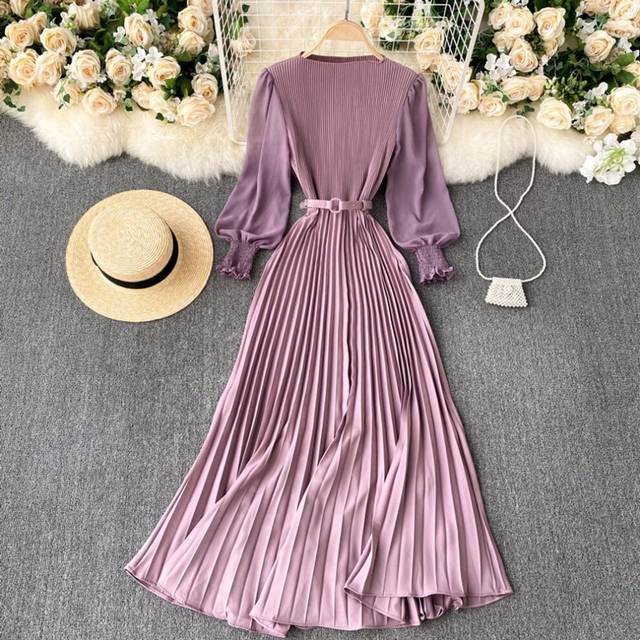(Purple, Universal Code) Design-feeling Pleated Waist-hugging And Slimming Temperament, Light-clim Women's Spring Dress, Long Pleated Skirt