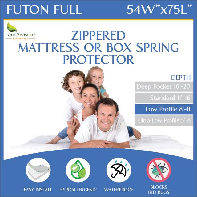 Futon Full 54 x 75 x 9 Waterproof Mattress Protector - Waterproof Zippered Encasement Premium Quality Bed Cover Protects Against Dust  Allergens - Whi