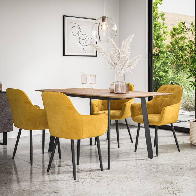 (Mustard) Haydon Extending Oak Effect Dining Table Set w 4-6 Anika Velvet Chairs
