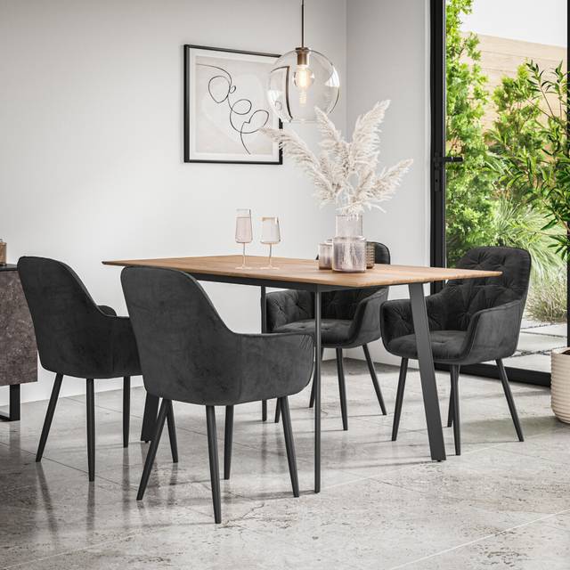 (Black) Haydon Extending Oak Effect Dining Table Set w 4-6 Anika Velvet Chairs