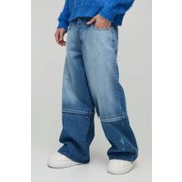 Extreme Baggy Rigid Zip Off Leg Cross Embroidery Denim Jeans - Blue - 32R