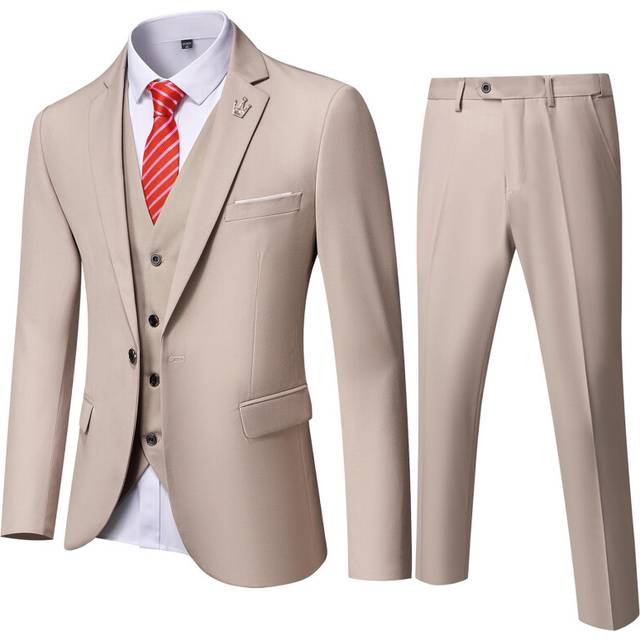 EastSide Men's Slim Fit 3 Pieces Suit  One Button Blazer Set  Jacket Vest & Pants Beige  Medium