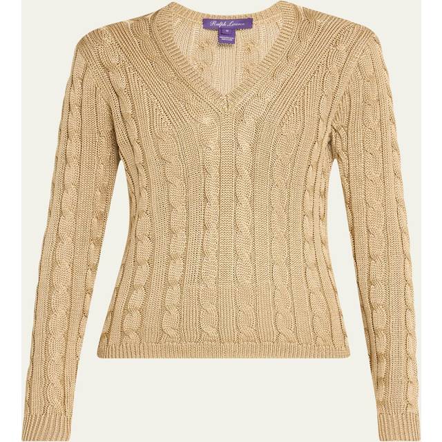 Cable V-Neck Silk Sweater - TAN - Large