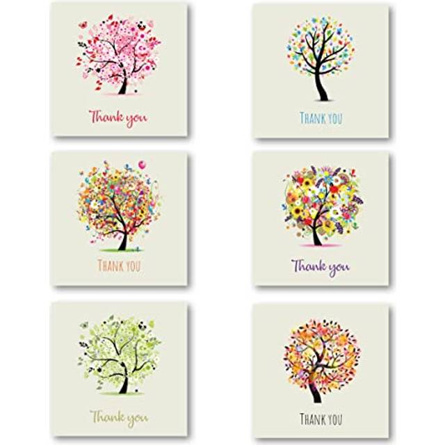 Thank You Cards Multipack of 36. Each Greeting Cards Pack includes 6 Tree designs. 115 x 115mm. Blank Inside. Envelopes included. Made in UK.